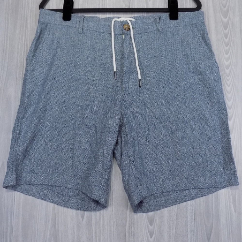 Taylor Stitch Linen Silk Blend Shorts Mens 35 Blue Herringbone Preppy Summer